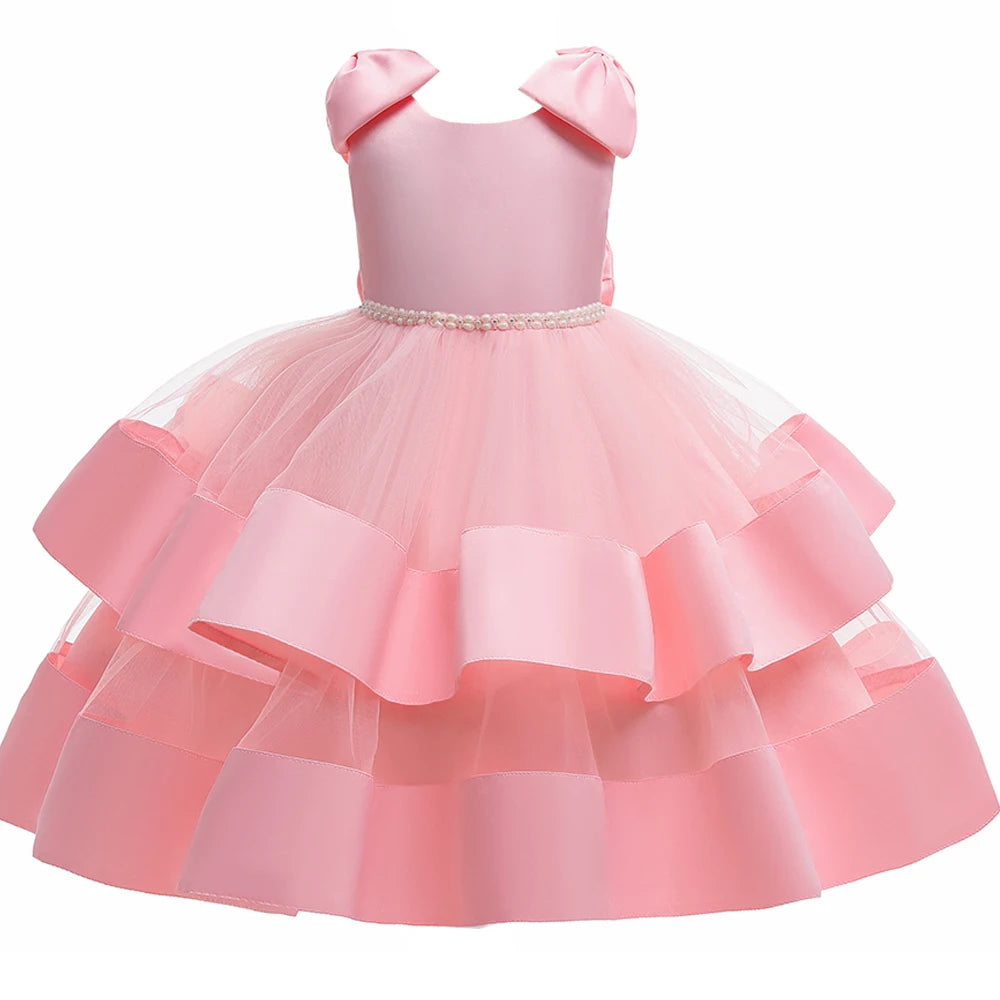 Toddler Girl Tulle Bow Dress Baby Elegant Princess Baptism Wedding Tutu Dresses Kids Prom Children Formal Party Clothes 3 8 Year
