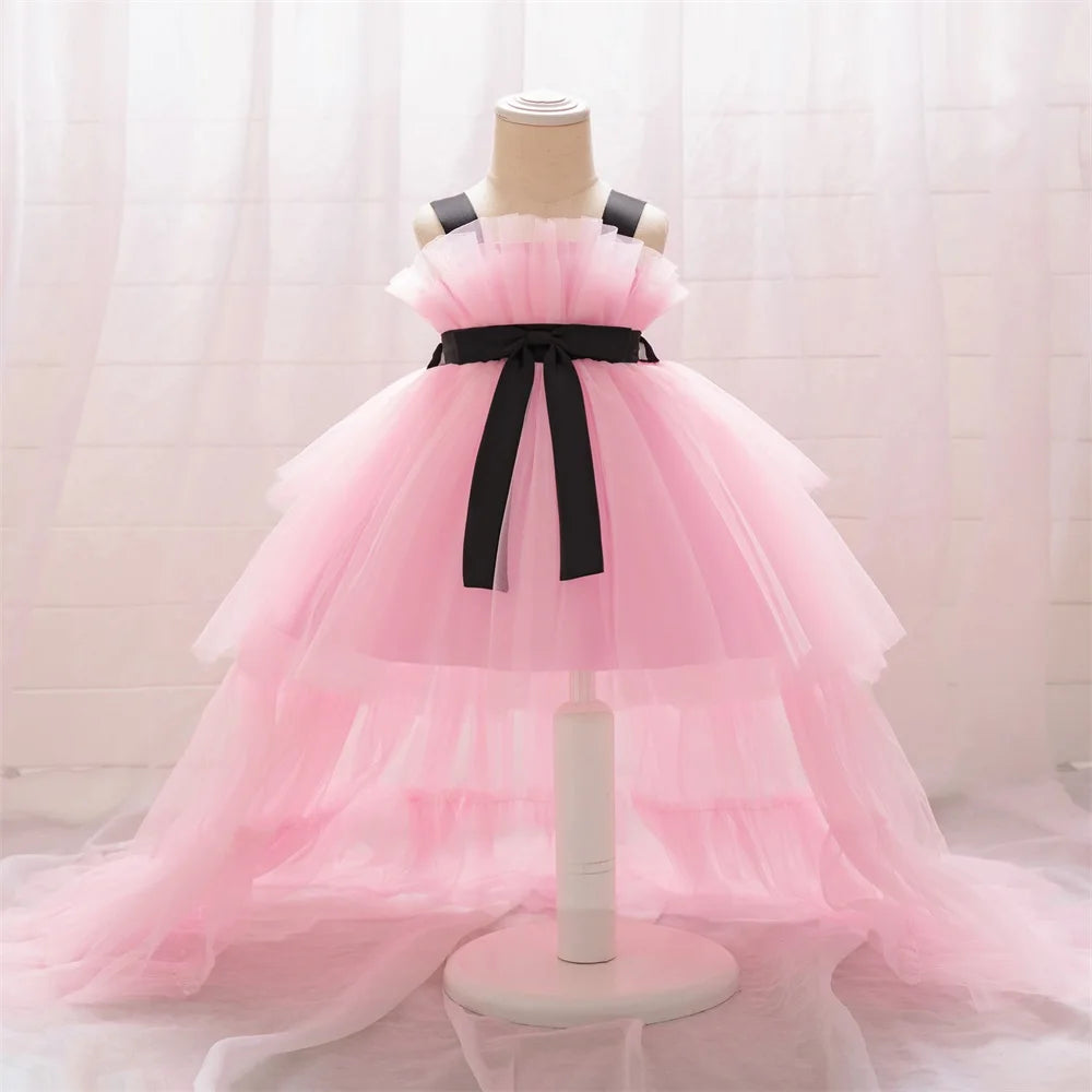 Elegant Tulle Trailing Baby Girls Party Dresses Bow 1St Birthday Baptism Princess Wedding Bridesmaid Dress Pageant Evening Gown