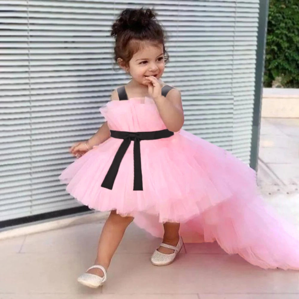 Elegant Tulle Trailing Baby Girls Party Dresses Bow 1St Birthday Baptism Princess Wedding Bridesmaid Dress Pageant Evening Gown