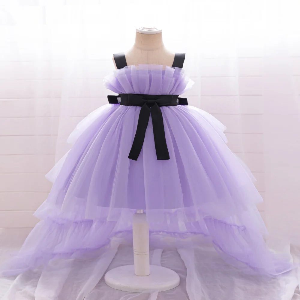 Elegant Tulle Trailing Baby Girls Party Dresses Bow 1St Birthday Baptism Princess Wedding Bridesmaid Dress Pageant Evening Gown