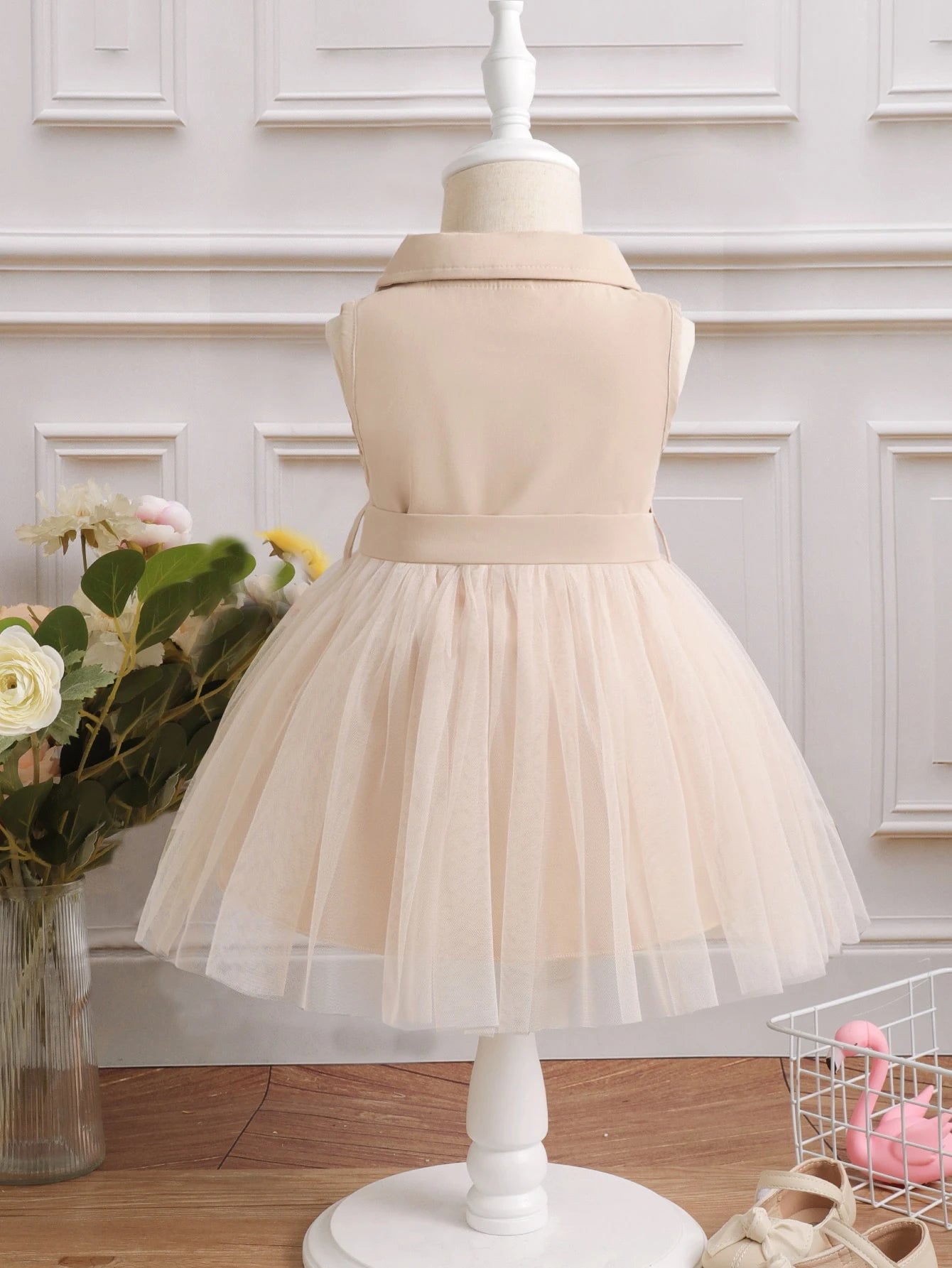 Glamorique Kids Baby Girl Double Button Mesh Hem Belted Dress