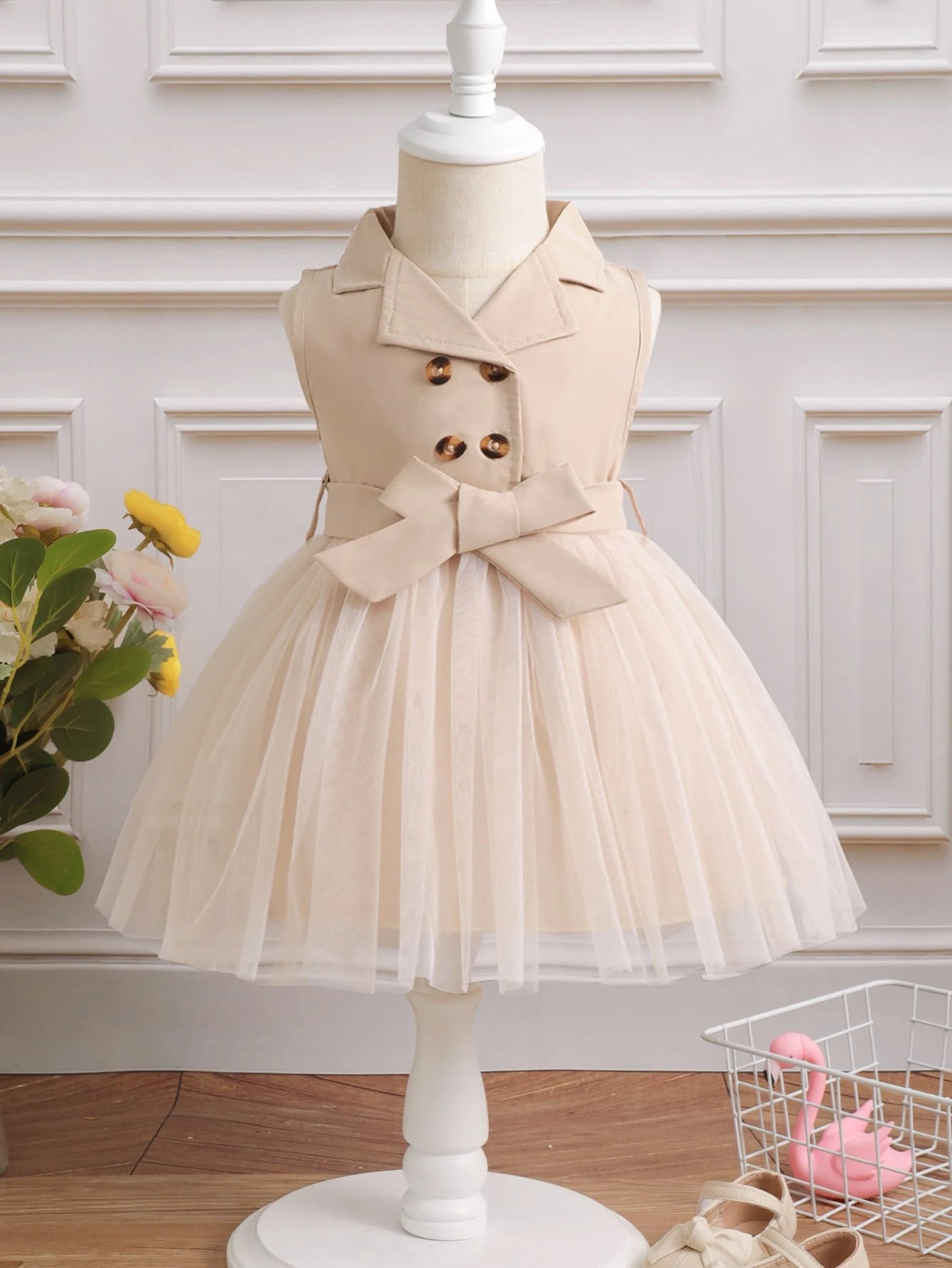 Glamorique Kids Baby Girl Double Button Mesh Hem Belted Dress