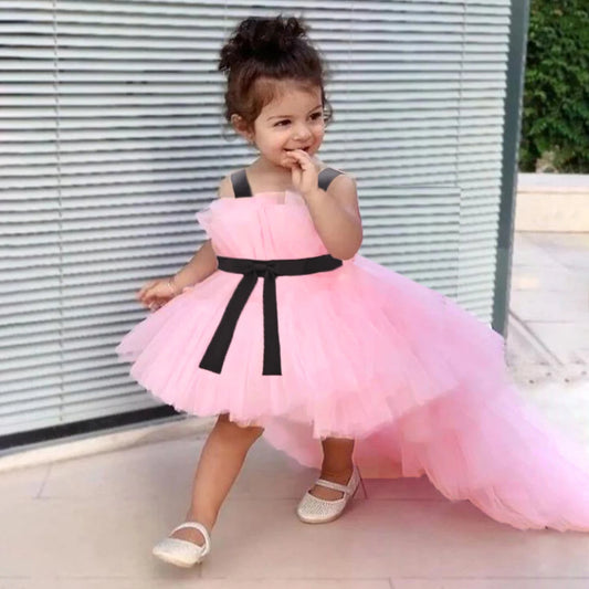 Elegant Tulle Trailing Baby Girls Party Dresses Bow 1St Birthday Baptism Princess Wedding Bridesmaid Dress Pageant Evening Gown