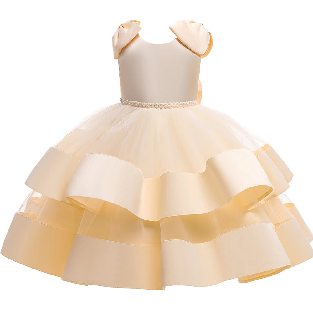 Toddler Girl Tulle Bow Dress Baby Elegant Princess Baptism Wedding Tutu Dresses Kids Prom Children Formal Party Clothes 3 8 Year