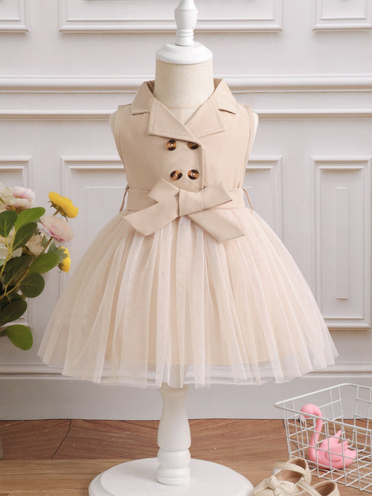 Glamorique Kids Baby Girl Double Button Mesh Hem Belted Dress