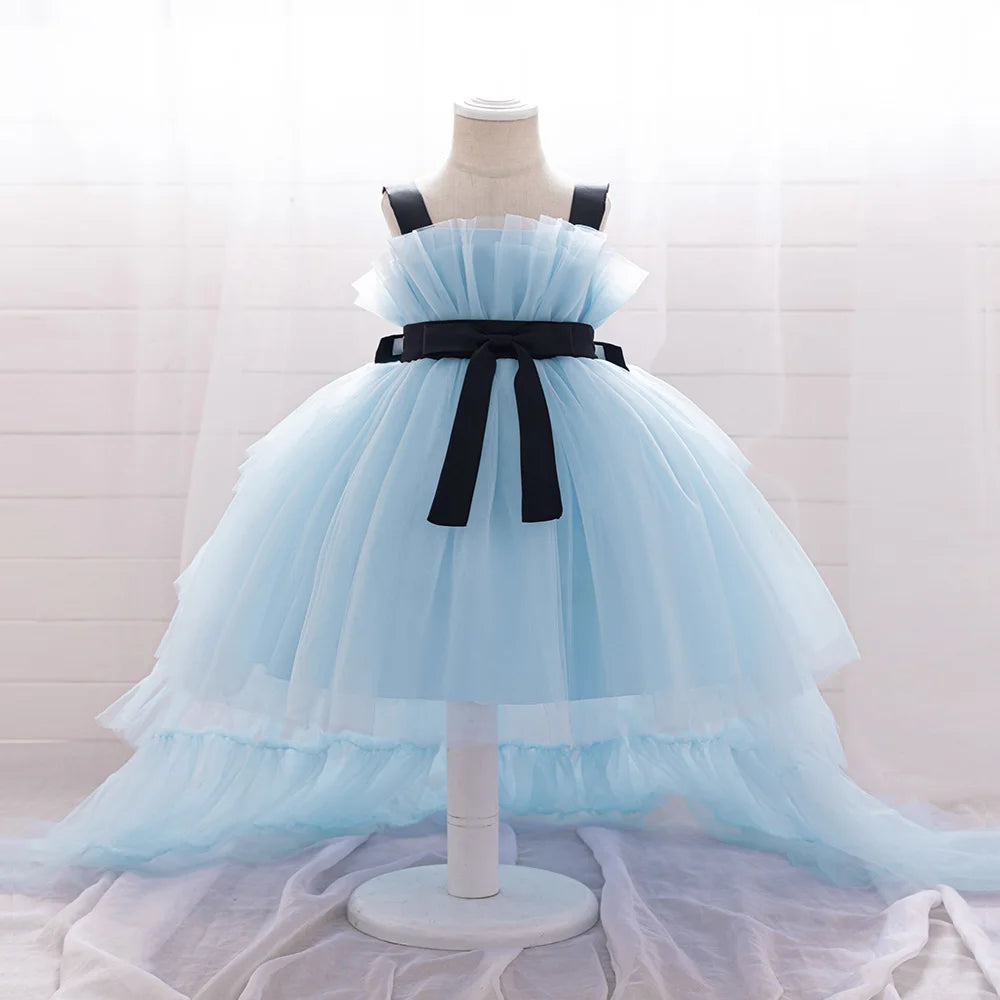 Elegant Tulle Trailing Baby Girls Party Dresses Bow 1St Birthday Baptism Princess Wedding Bridesmaid Dress Pageant Evening Gown