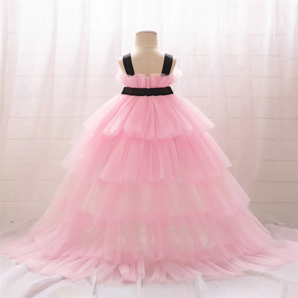 Elegant Tulle Trailing Baby Girls Party Dresses Bow 1St Birthday Baptism Princess Wedding Bridesmaid Dress Pageant Evening Gown